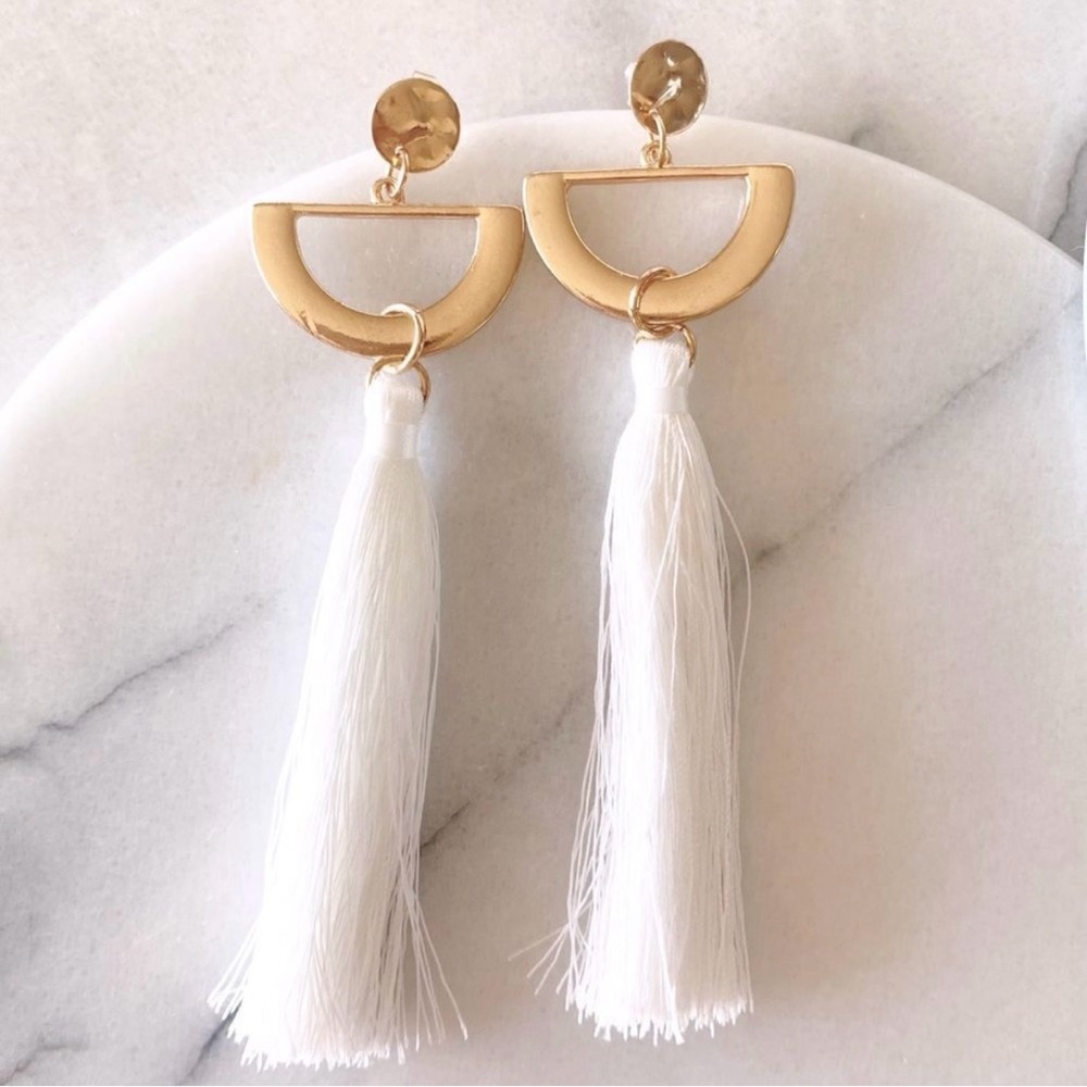Gold and White Tassel Earrings with Crescent Design